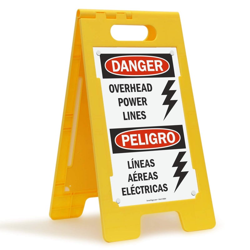 SmartSign 25 x 12 inch â€œDanger - Overhead Power Linesâ€ Bilingual Two-Sided Folding Floor Sign with Symbol, Digitally Printed Polypropylene Plastic, Multicolor, Made in USA - Image 1